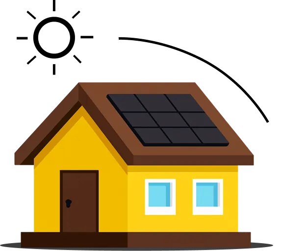 Voxel-style house with solar panels on the roof, sun icon, and energy arc