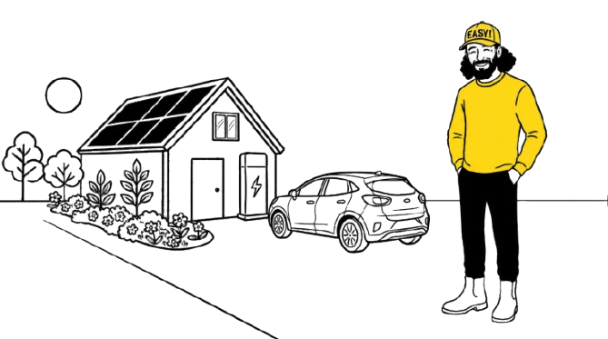 Easy Solar mascot — a friendly bloke standing in front of a home with solar panels